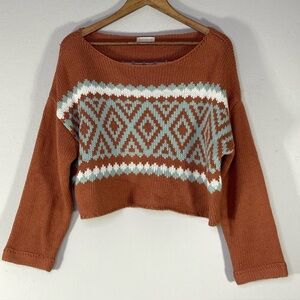 Altar'd State Women's Size M Brown, Teal & White Cropped Geometric Sweater